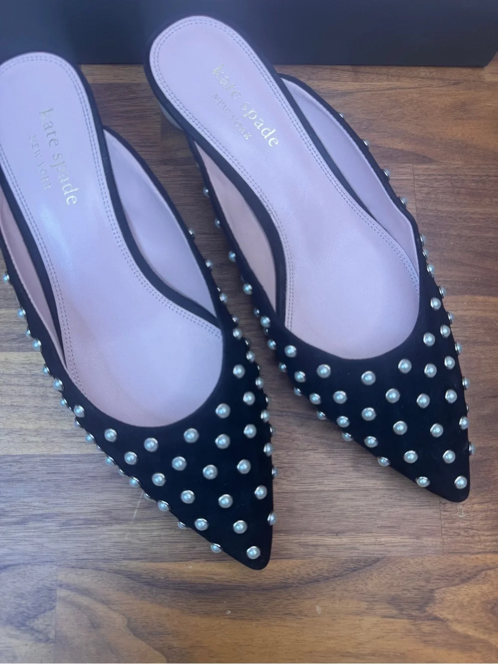 kate spade Black Pearl-Embellished Pointed Toe Mules Honor Velvet 9.5